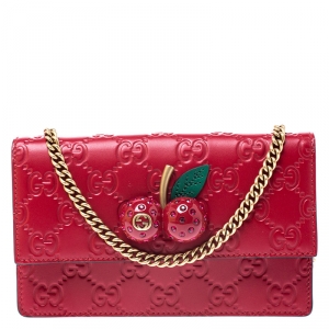 Pre Owned Gucci Red Guccissima Leather Mini Cherry Chain Shoulder Bag