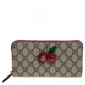 Gucci Beige/Red GG Supreme Canvas Cherry Zip Around Wallet