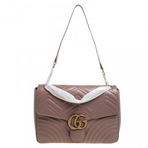 Pre Owned Gucci Dark Beige Matelasse Leather  Large GG Marmont Shoulder Bag