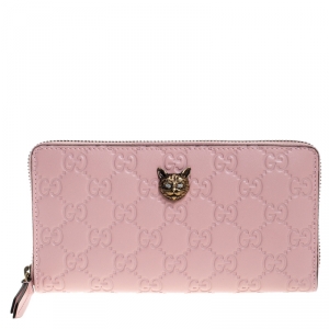 Gucci Blush Pink Guccissima Leather Cat Head Zip Around Wallet