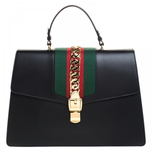 Pre Owned Gucci Black Web Chain Leather Sylvie Maxi Top Handle Bag