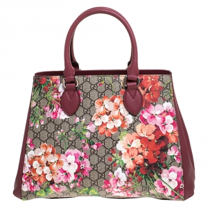 Pre Owned Gucci Pink/Beige GG Supreme Blooms Canvas and Leather Top Handle Bag