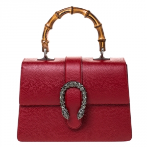 Pre Owned Gucci Red Leather Medium Dionysus Bamboo Top Handle Bag