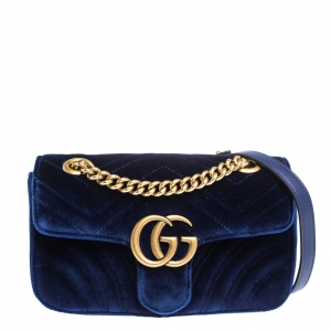 Pre Owned Gucci Blue Matelasse Velvet Mini GG Marmont Shoulder Bag