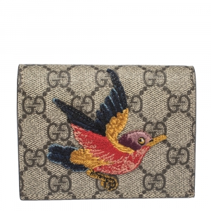 Gucci Beige GG Supreme Canvas Bird Embroidered Bifold Card Holder 