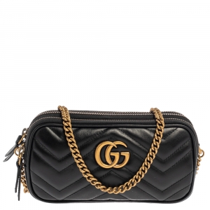 مملوكة مسبقًا Gucci Black Matelasse Leather GG Marmont Triple Zip Chain Bag