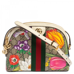 Pre Owned Gucci Beige/Off White Flora GG Supreme Canvas and Leather Small Ophidia Crossbody Bag