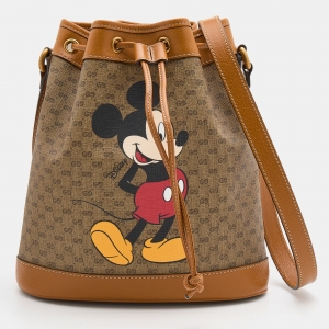 Pre Owned Gucci x Disney Beige/Brown Micro GG Canvas and Leather Small Mickey Mouse Print Bucket Bag 