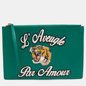 Pre Owned Gucci Green Leather L'Aveugle Par Amour Pouch