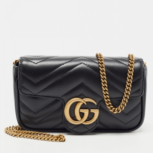 Gucci Black Matelassé Leather Super Mini GG Marmont Shoulder Bag