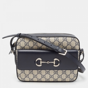 Pre Owned Gucci Navy Blue/Beige GG Supreme and Leather Horsebit 1955 Shoulder Bag