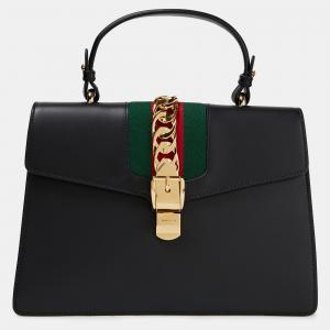 Pre Owned Gucci Black Leather Mini Web Chain Sylvie Top Handle Bag