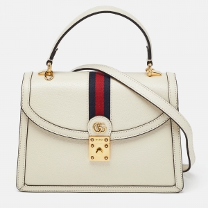 Pre Owned Gucci Cream Leather Small Ophidia GG Web Top Handle Bag