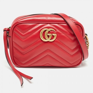 Gucci Red Matelasse Leather Mini GG Marmont Chain Shoulder Bag