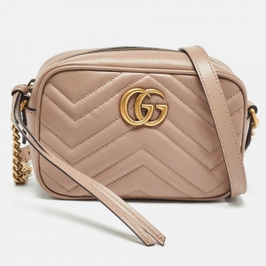 Gucci Dusty Pink Matelassé Leather Mini GG Marmont Chain Shoulder Bag