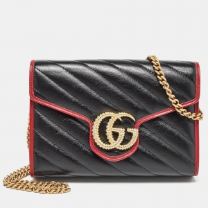 Gucci Black/Red Diagonal Quilt Leather GG Marmont Torchon Wallet on Chain