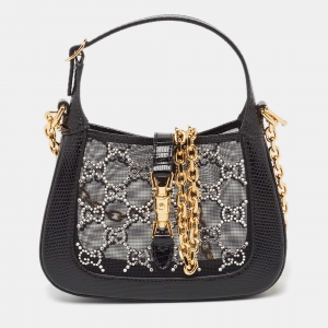 Pre Owned Gucci Black GG Crystal Mesh and Lizard Mini 1961 Jackie Hobo