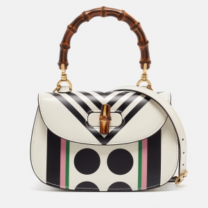 Gucci Off White Leather Small Geometric Print Bamboo 1947 Top Handle Bag