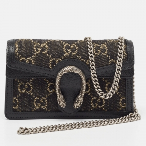 Pre Owned Gucci Black/Beige GG Denim and Suede Super Mini Dionysus Shoulder Bag