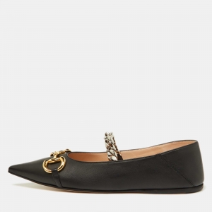 مملوكة مسبقًا Gucci Black Leather Horsebit Chain Detail Mary Jane Ballet Flats Size 39
