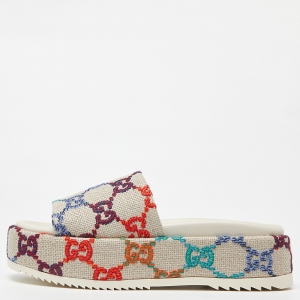 Pre Owned Gucci Multicolor GG Monogram Canvas Angelina Platform Slide Sandals Size 38