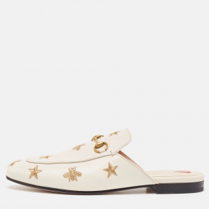 Pre Owned Gucci Off White Leather Bee and Star Embroidered Princetown Flat Mules Size 39