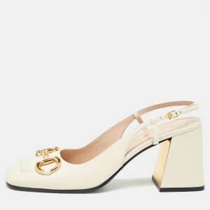 Pre Owned Gucci Cream Leather Horsebit Slingback Pumps Size 40