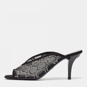 Gucci Black GG Crystal Embellished Mesh Mules Size 39