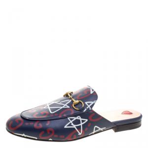 مملوكة مسبقًا حذاء سلايدز غوتشي لوفر هورسبيت غوست برينستاون جلد مطبوع أزرق مقاس 38