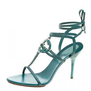مملوكة مسبقًا Gucci Green Leather Studded GG Ankle Wrap Sandals Size 39
