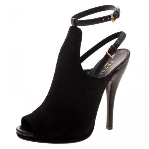 Pre Owned Gucci Black Suede Jane Peep Toe Ankle Strap Booties Size 38