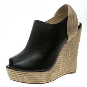 مملوكة مسبقًا Gucci Black Leather Peep Toe Espadrille Wedge Sandals Size 38.5