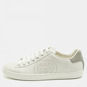 Pre Owned Gucci Ace Size 38.5 White Perforated Interlocking G Leather Low Top Sneakers