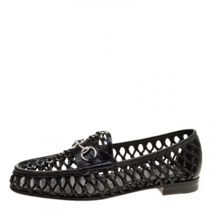 Pre Owned Gucci Black Woven Leather Horsebit Loafers Size 37