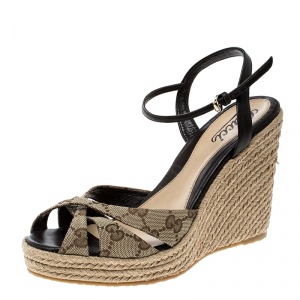Pre Owned Gucci Beige Guccissima Fabric and Leather Penelope Espadrille Wedges Size 39.5