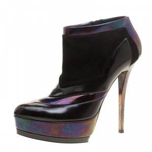 Pre Owned Gucci Black Holographic Leather And Suede Platform Ankle Boots Size 39.5