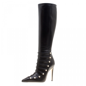 مملوكة مسبقًا Gucci Black Leather Aneta GG Buttons Knee High Pointed Toe Boots Size 35.5
