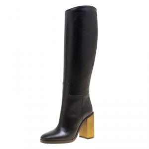 Pre Owned Gucci Black Leather Knee High Block Heel Boots Size 36.5