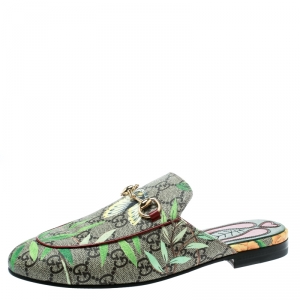 Pre Owned Gucci Beige GG Supreme Monogram Coated Canvas Tian Princetown Flat Mules Size 37