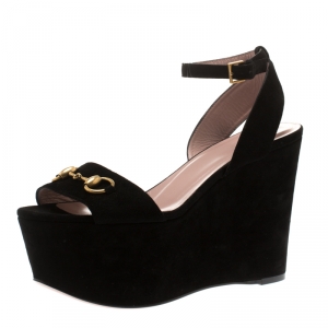 Pre Owned Gucci Black Suede Horsebit Platform Ankle Strap Wedges Size 38