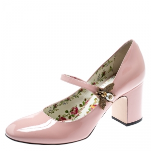 مملوكة مسبقًا Gucci Pink Patent Leather Lois Bee Block Heel Mary Jane Pumps Size 39