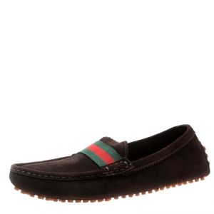 Pre Owned Gucci Brown Suede Web Trim Loafers Size 38.5