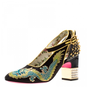 Pre Owned Gucci Black Satin And Patent Leather Caspar Dragon Embroidered Spike Detail Pumps Size 37