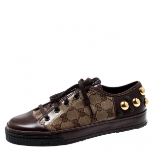 Gucci Brown/Beige Leather And Crystal Coated Canvas Babouska Studded Praga Sneakers Size 36.5