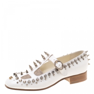 Gucci White Leather And Canvas Spike/Stud Embellished Loafer Pumps Size 39