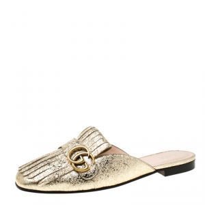 Pre Owned Gucci Metallic Gold Foil Leather GG Marmont Fringe Detail Flat Mule Size 37.5