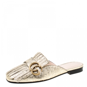 Pre Owned Gucci Metallic Gold Crackled Leather Marmont Fringed Flat Mules Size 36