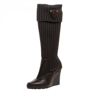 Gucci Green Knit Fabric And Leather Wedge Knee Length Boots Size 38.5