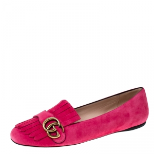 مملوكة مسبقًا Gucci Magenta Pink Suede GG Marmont Fringe Detail Ballet Flats Size 40