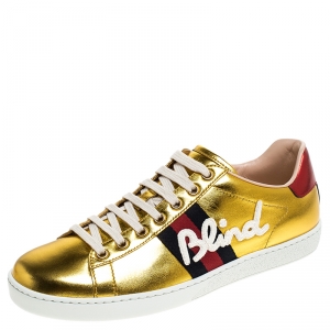 Gucci Metallic Gold Ace Blind For Love Lace Up Sneakers Size 38